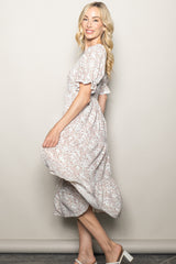 Cream Floral Smocked Lace Trim Midi Dress
