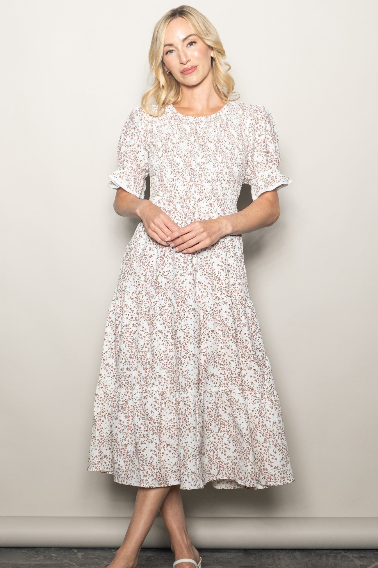 Cream Floral Smocked Lace Trim Midi Dress