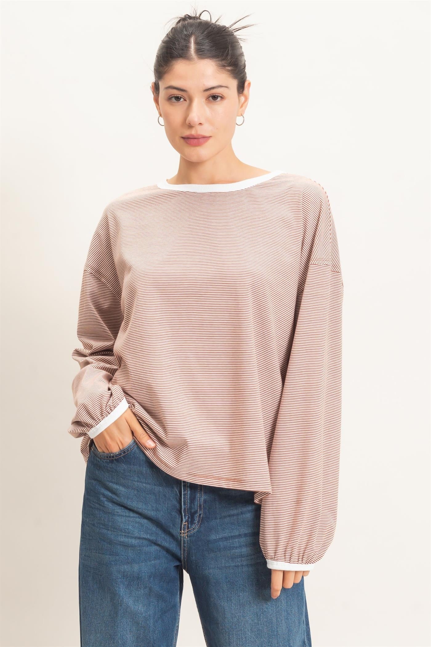 Brick Striped Boat Neck Long Sleeve Maternity Top