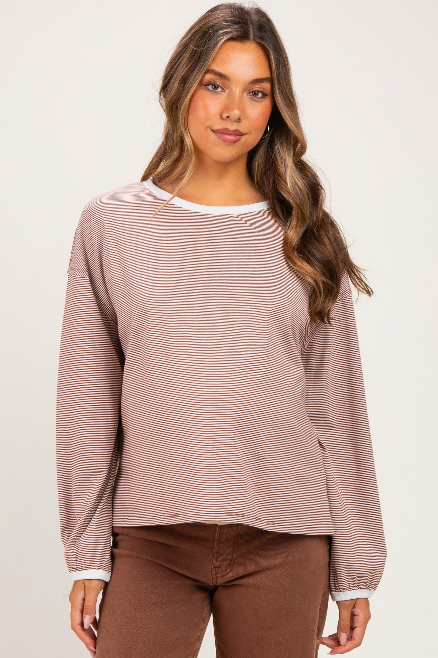 Brick Striped Boat Neck Long Sleeve Maternity Top