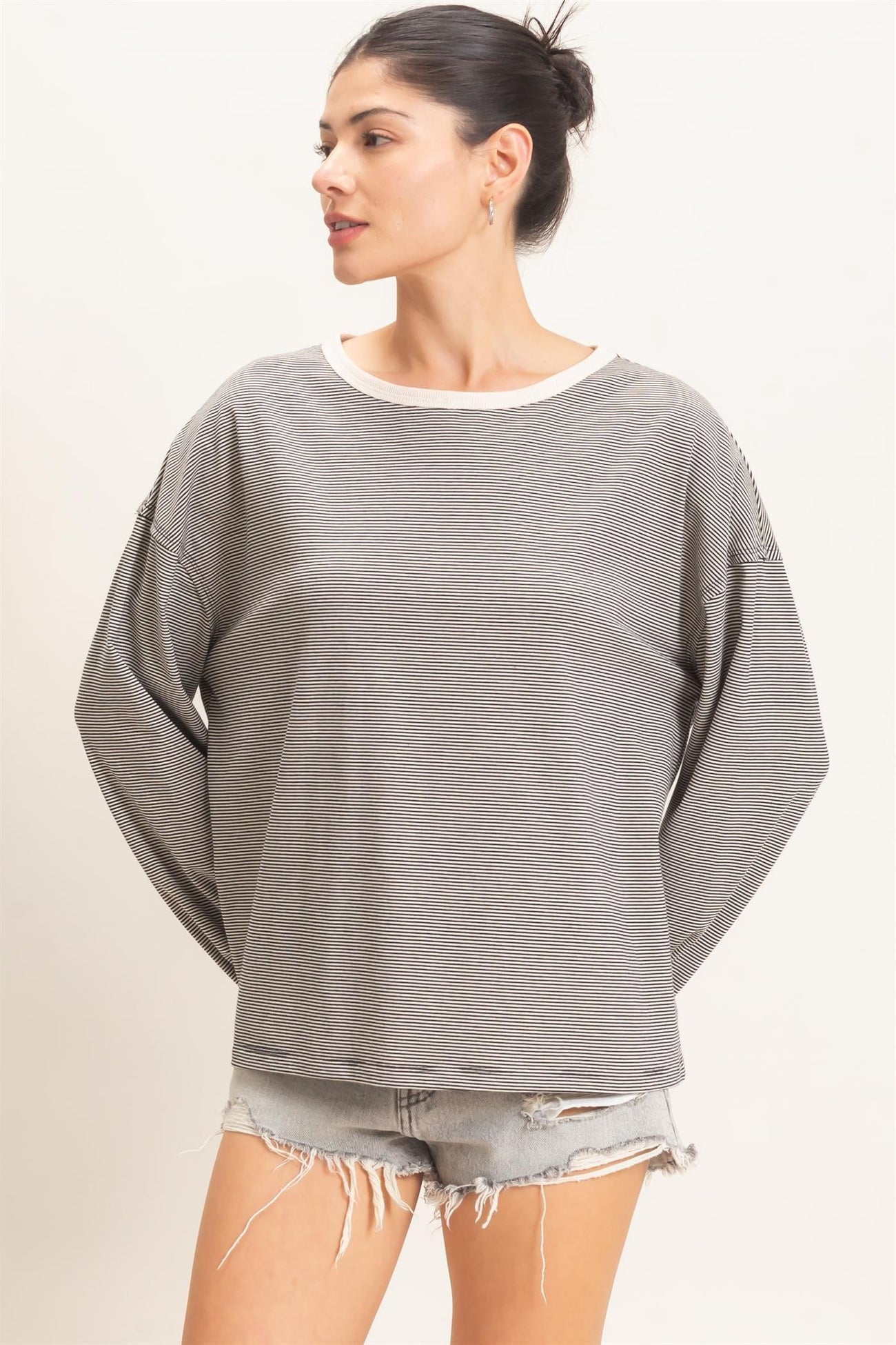 Black Striped Boat Neck Long Sleeve Maternity Top