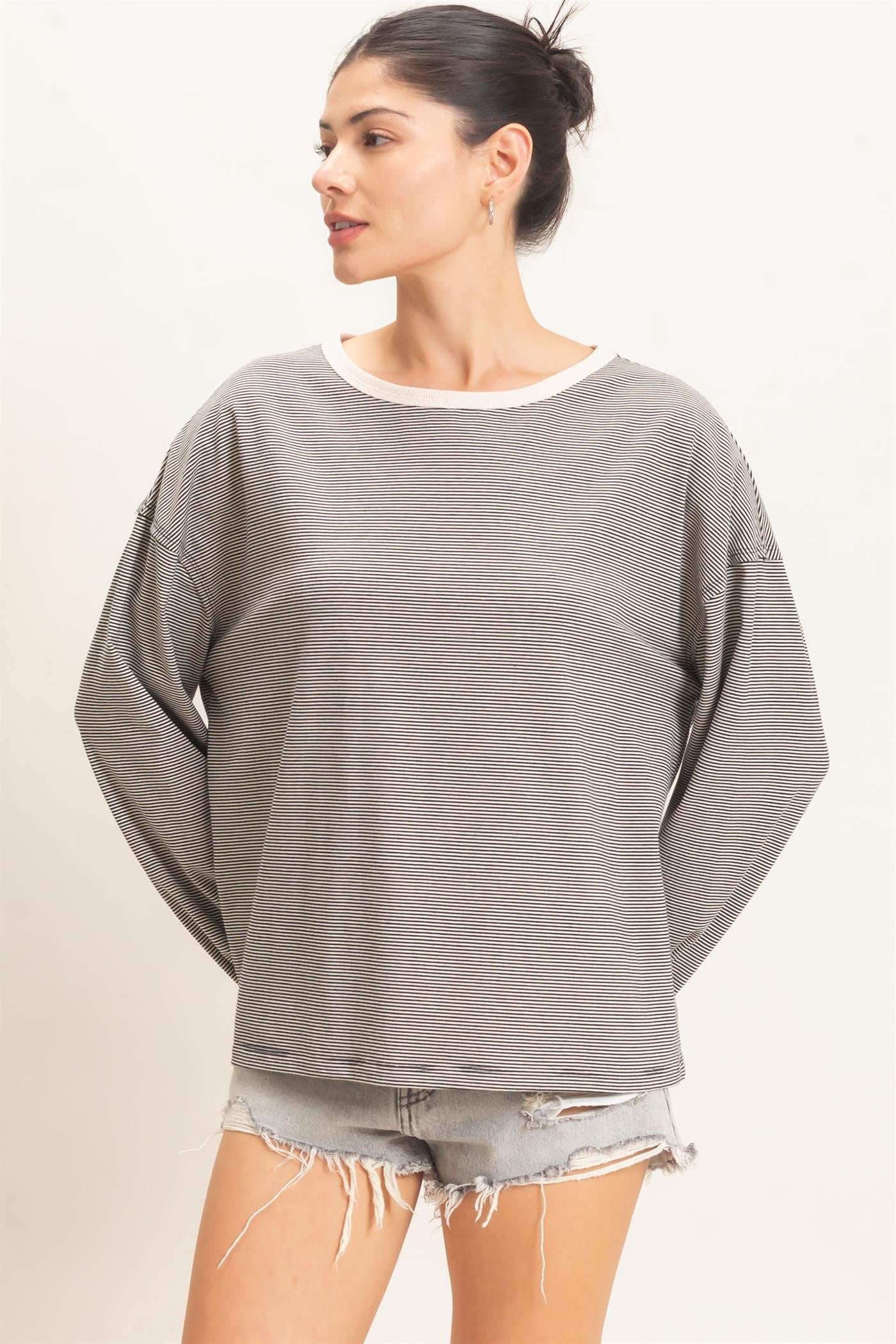 Black Striped Boat Neck Long Sleeve Maternity Top