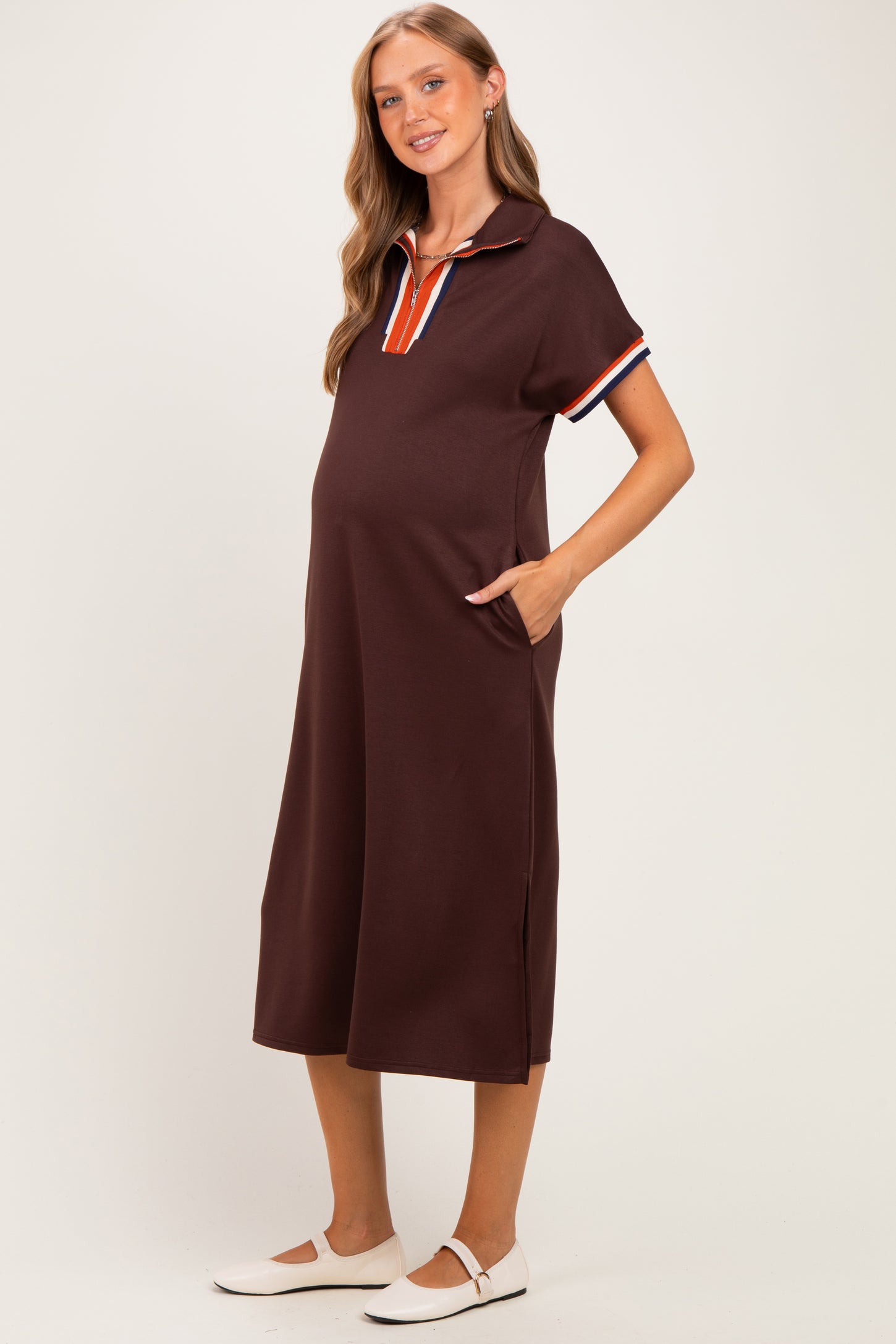 Brown Color Rib Band Trim Side Slit Maternity Midi Dress