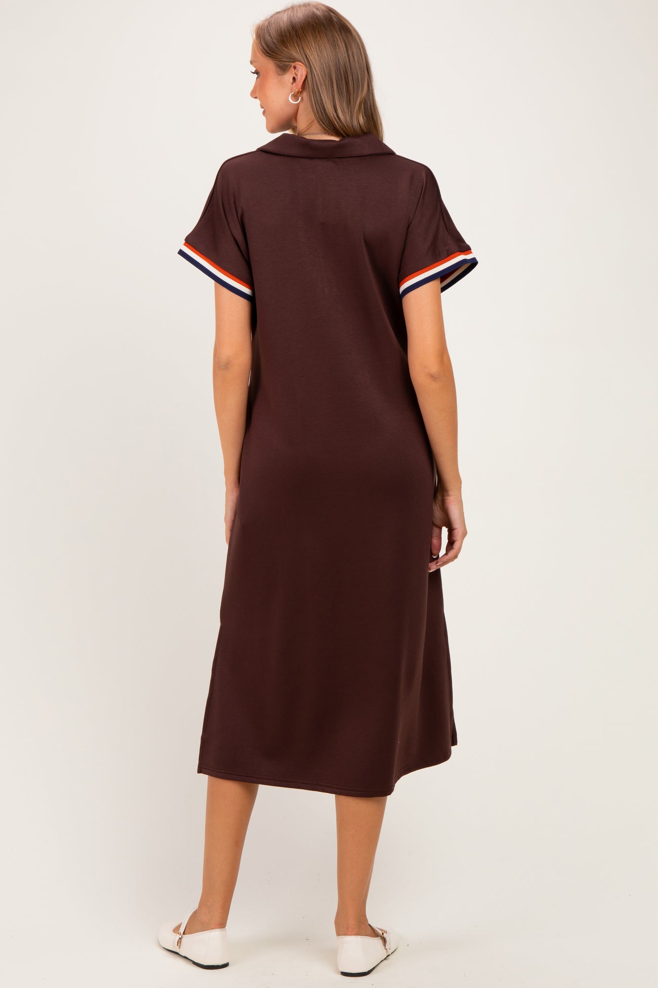 Brown Color Rib Band Trim Side Slit Maternity Midi Dress