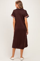 Brown Color Rib Band Trim Side Slit Maternity Midi Dress