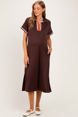Brown Color Rib Band Trim Side Slit Maternity Midi Dress