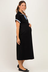 Black Color Rib Band Trim Side Slit Maternity Midi Dress