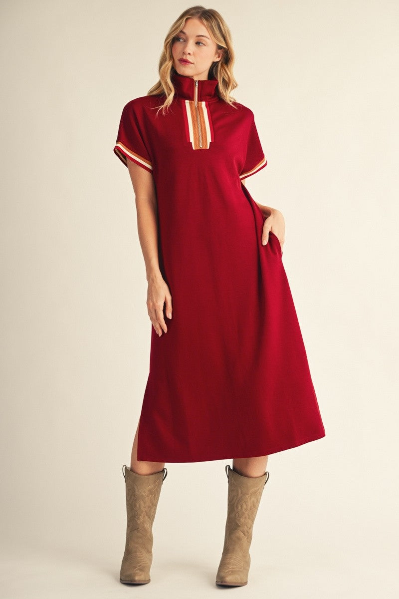 Burgundy Color Rib Band Trim Side Slit Maternity Midi Dress