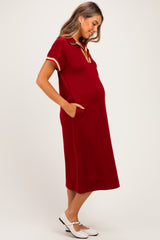 Burgundy Color Rib Band Trim Side Slit Maternity Midi Dress