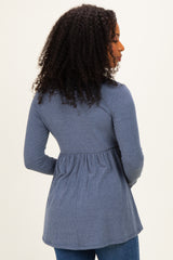 Blue Scoop Neck Button Front Long Sleeve Babydoll Top