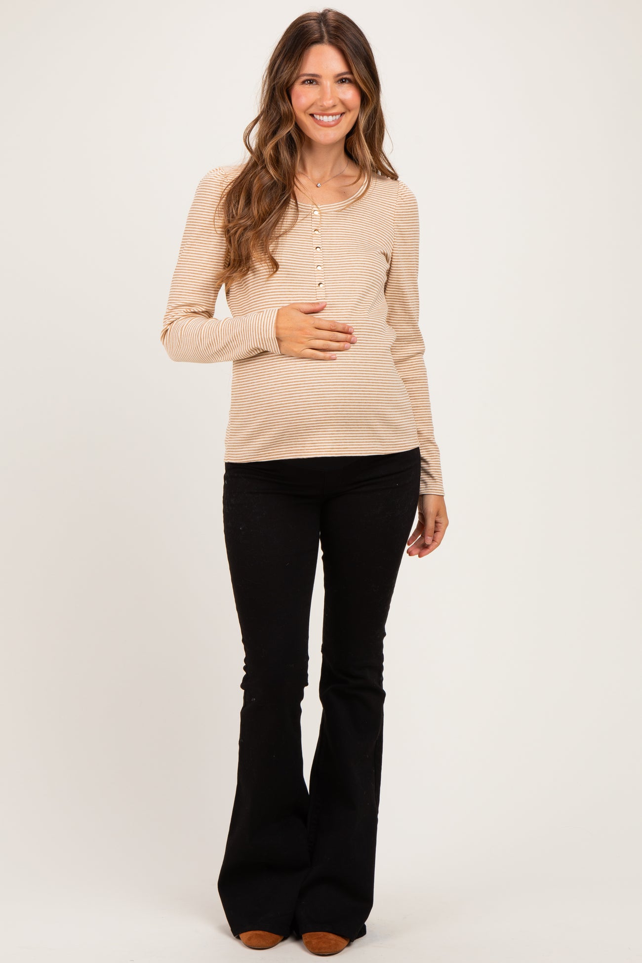 Camel Pinstriped Scoop Neck Maternity Henley Top