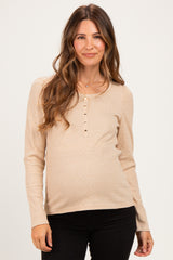 Camel Pinstriped Scoop Neck Maternity Henley Top