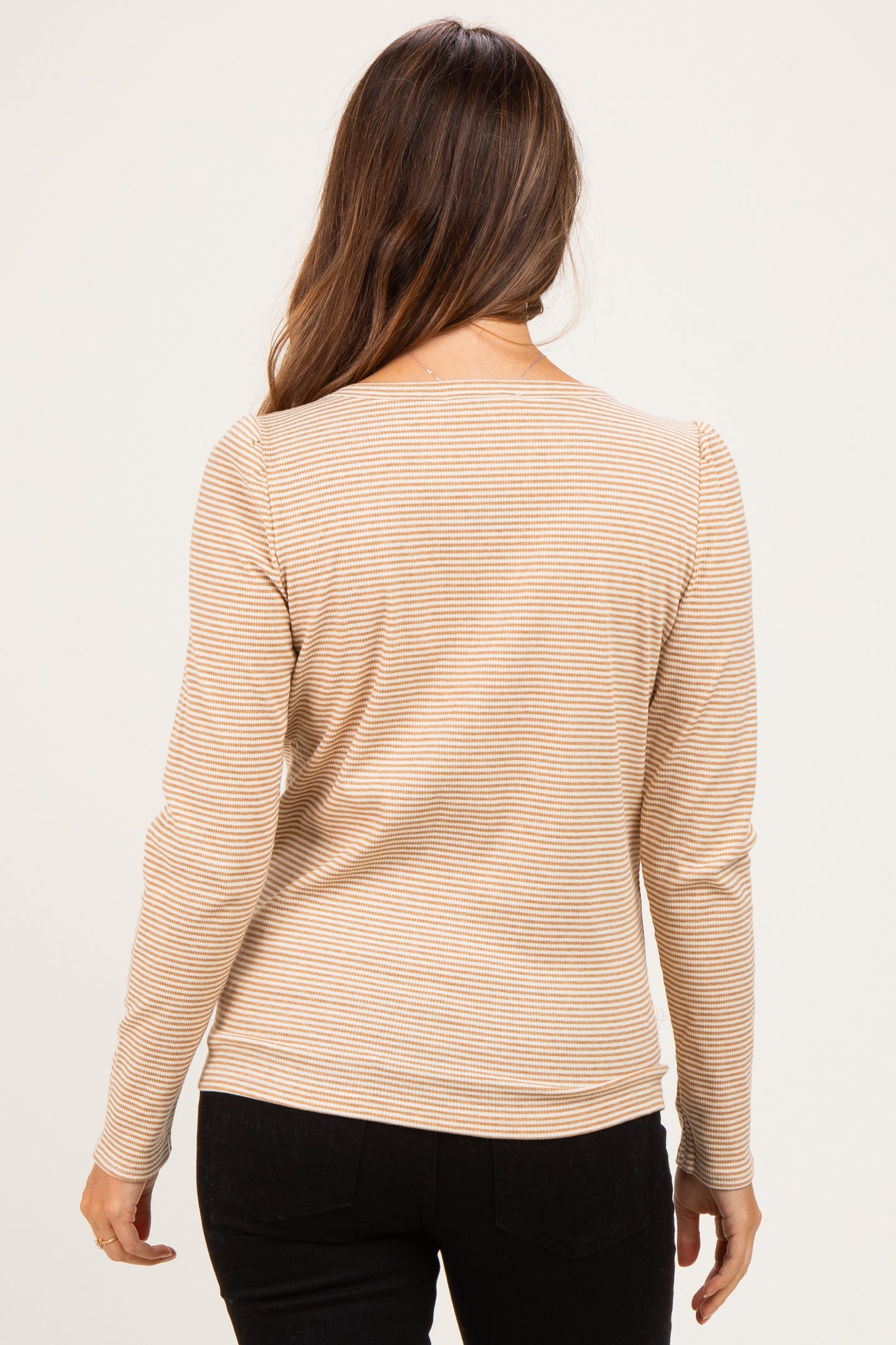 Camel Pinstriped Scoop Neck Maternity Henley Top