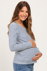 Blue Pinstriped Scoop Neck Maternity Henley Top