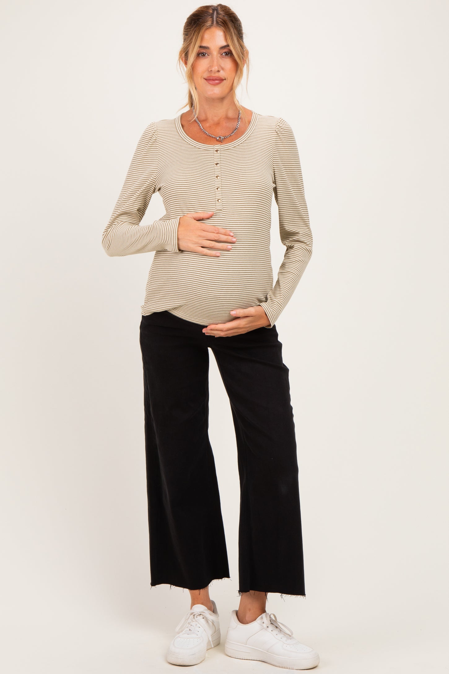 Light Olive Pinstriped Scoop Neck Maternity Henley Top
