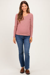 Red Pinstriped Scoop Neck Maternity Henley Top