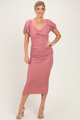 Mauve Knit Twisted Bust Short Sleeve Maternity Midi Dress