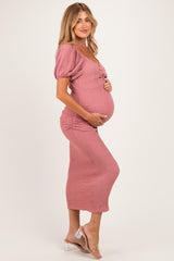 Mauve Knit Twisted Bust Short Sleeve Maternity Midi Dress