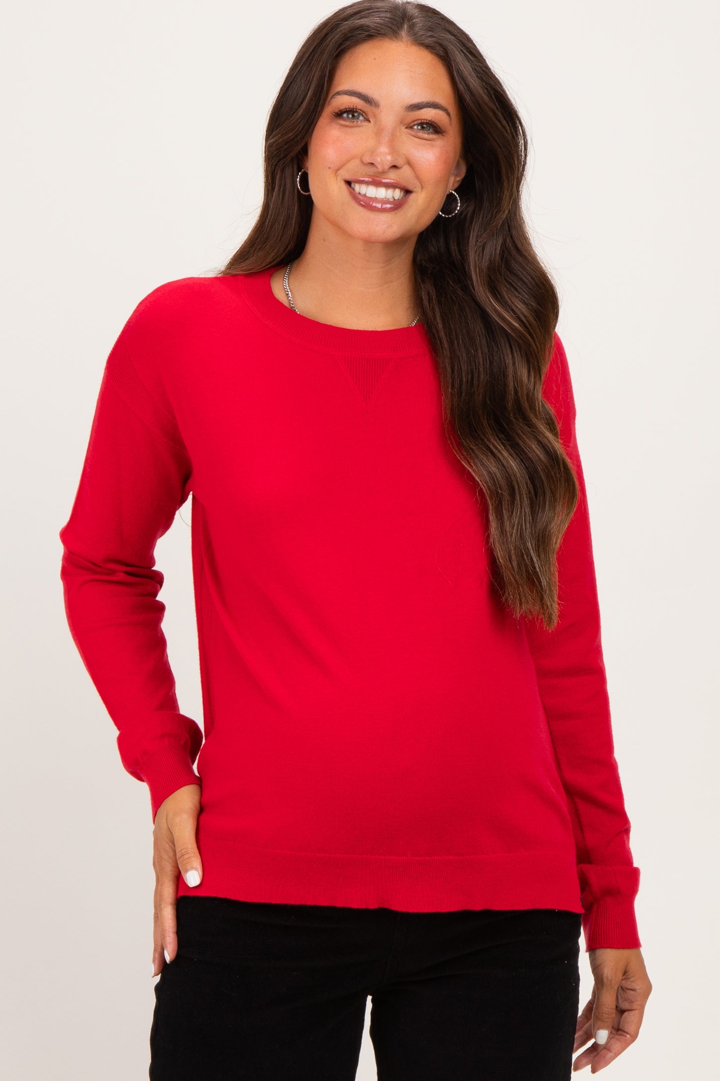 Red Solid Basic Maternity Sweater