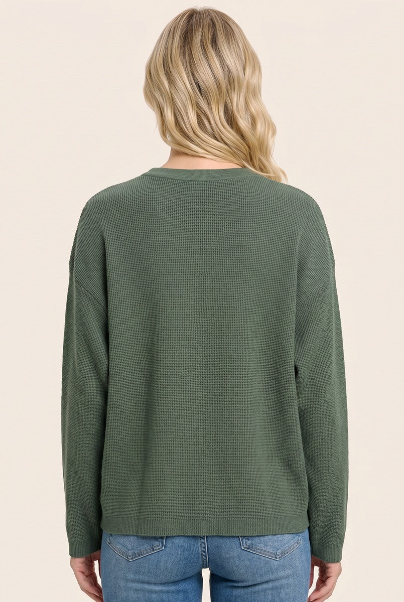 Olive Mini Waffle Knit Relaxed Fit Sweater