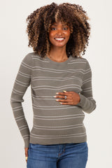 Olive Ribbed Basic Striped Fitted Maternity Sweater