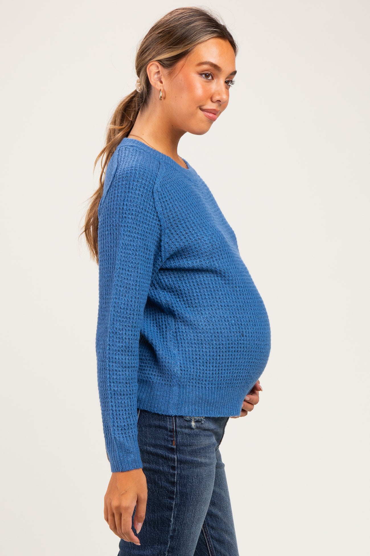 Blue Waffle Textured Maternity Sweater