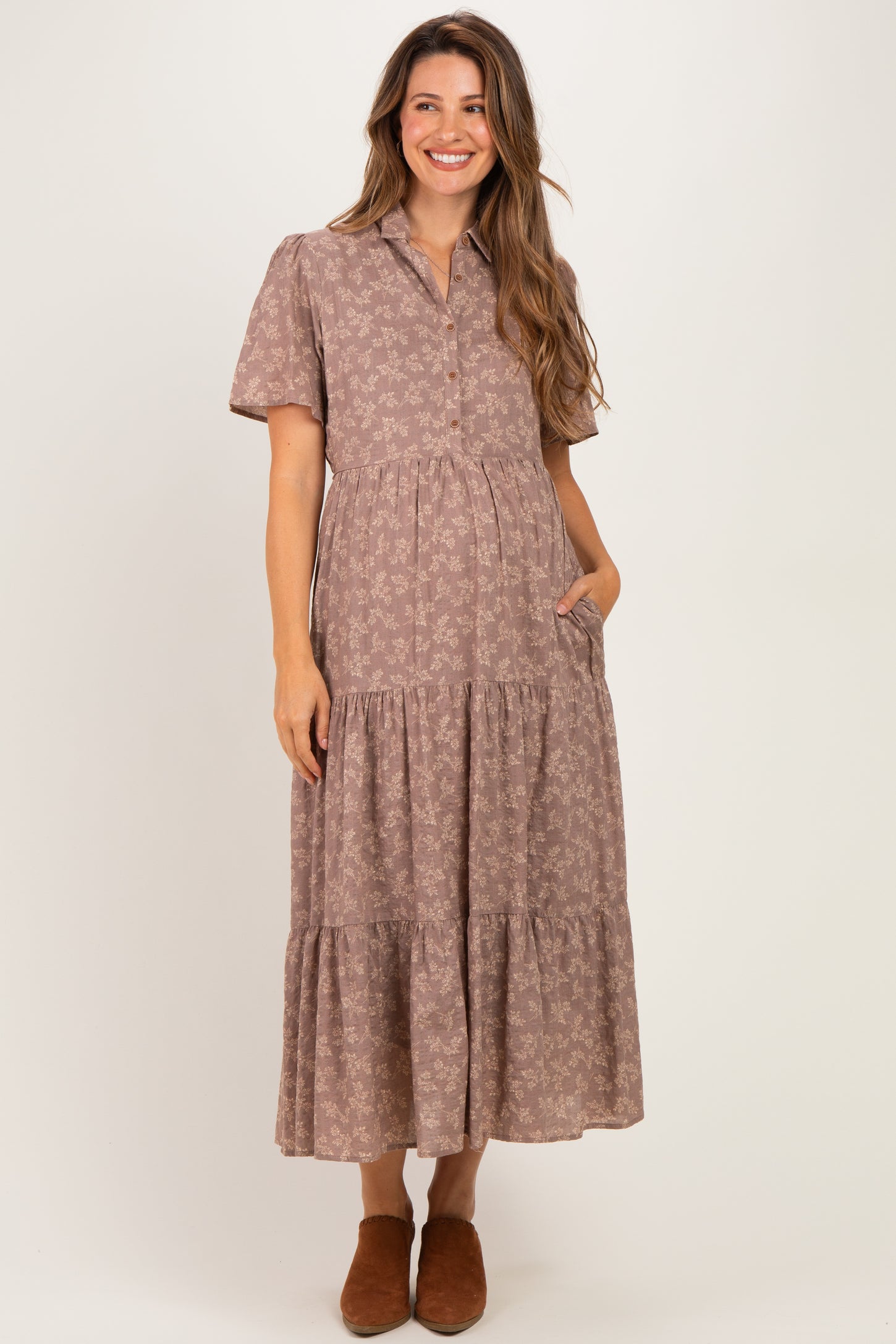 Mauve Floral Collared Maternity Maxi Dress