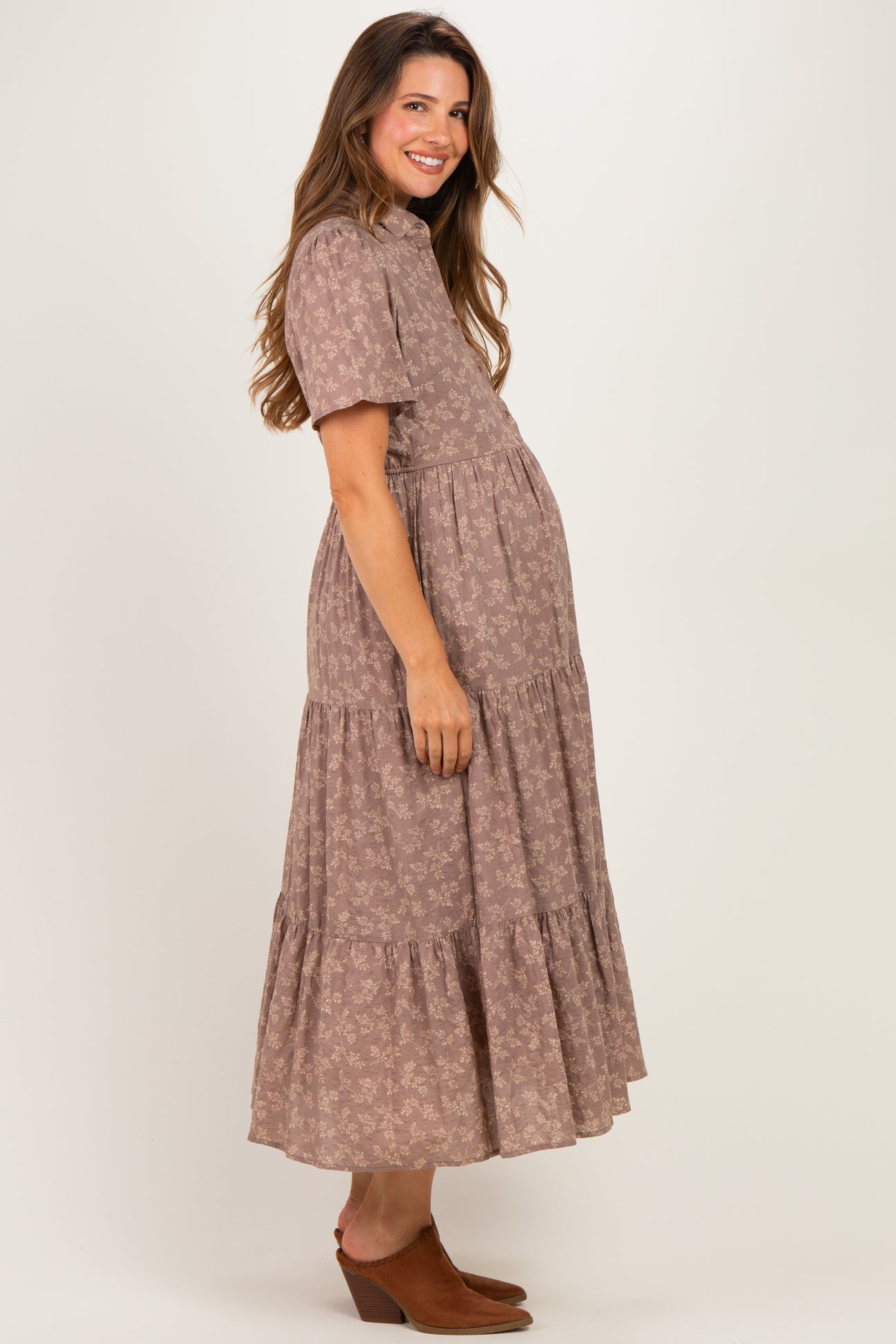 Mauve Floral Collared Maternity Maxi Dress