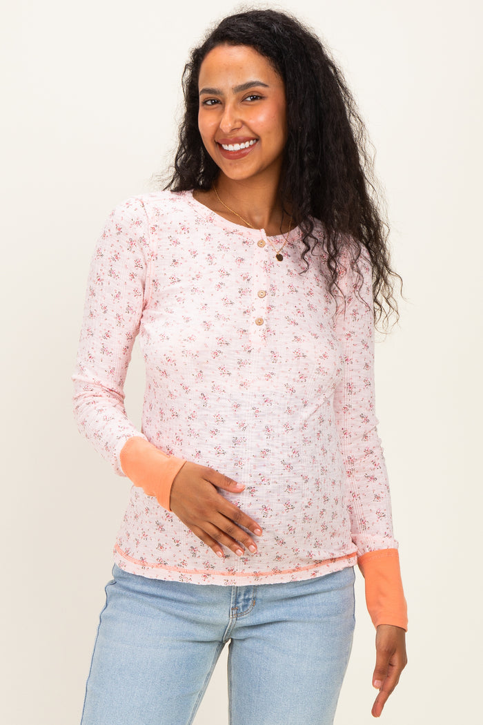 Soft Pink Floral Ribbed Maternity Henley Top