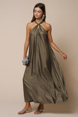 Mushroom Halter Back Bow Tie Maternity Maxi Dress