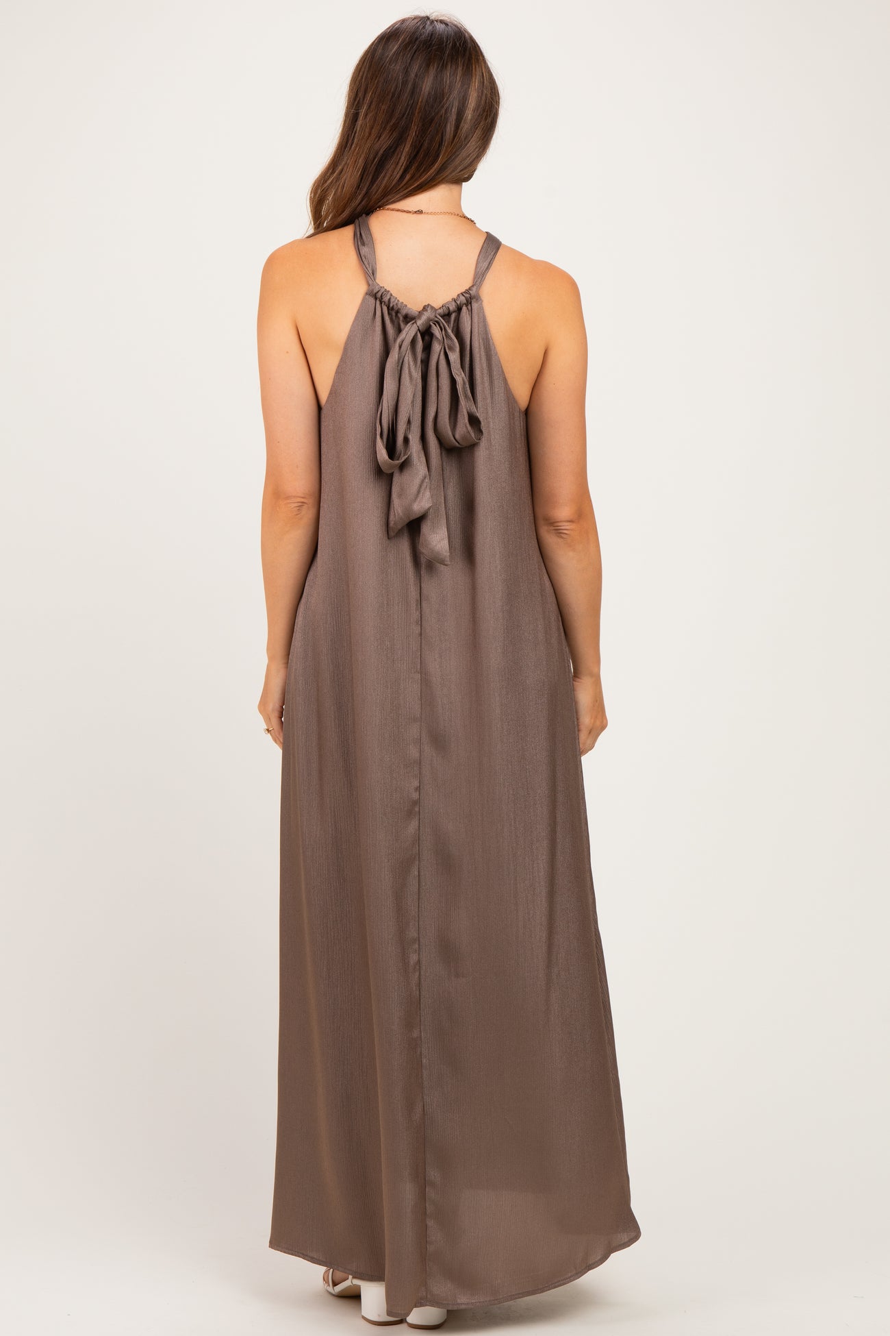 Mushroom Halter Back Bow Tie Maternity Maxi Dress