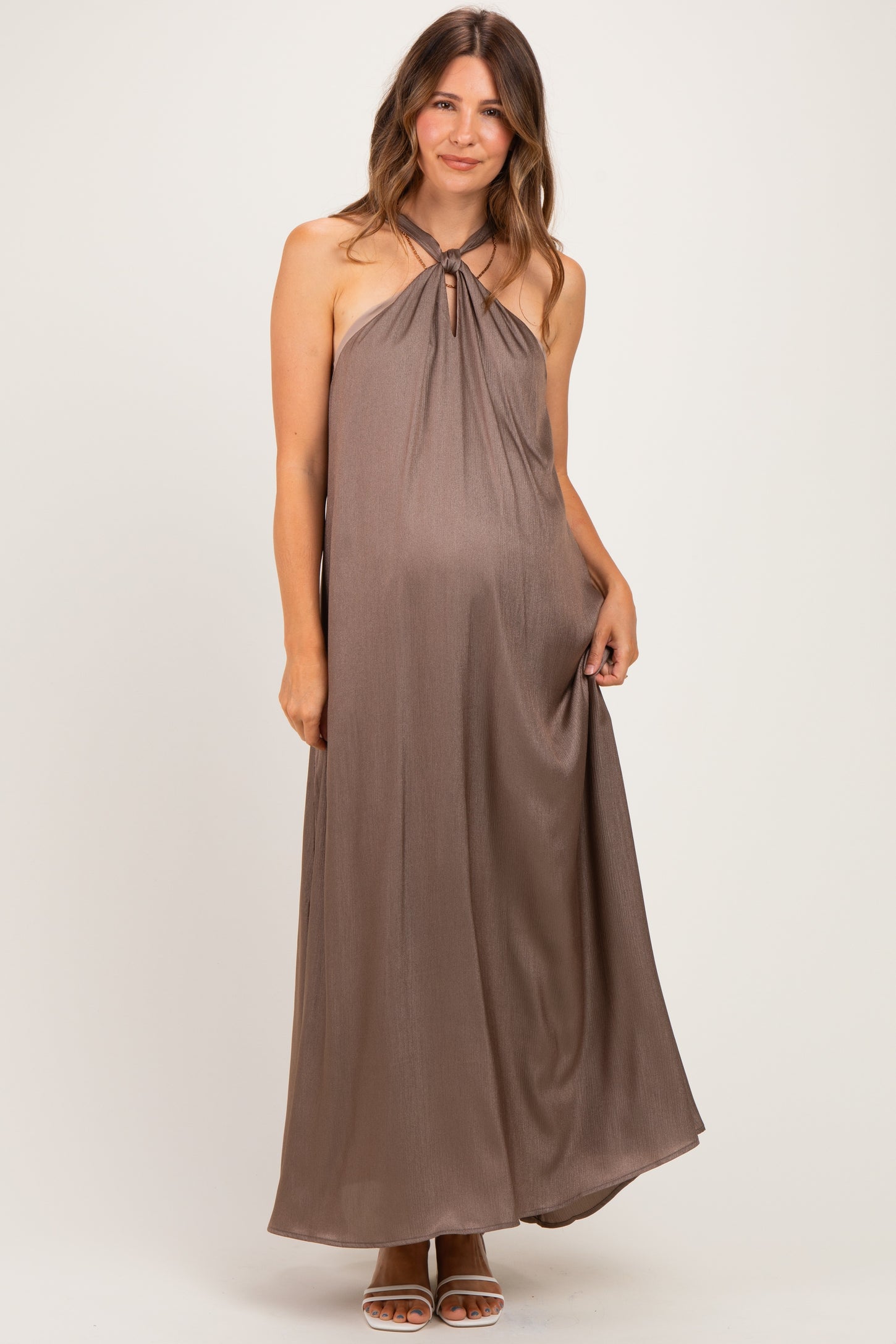 Mushroom Halter Back Bow Tie Maternity Maxi Dress