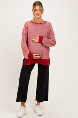 Burgundy Two Tone Oversized Thermal Knit Maternity Top