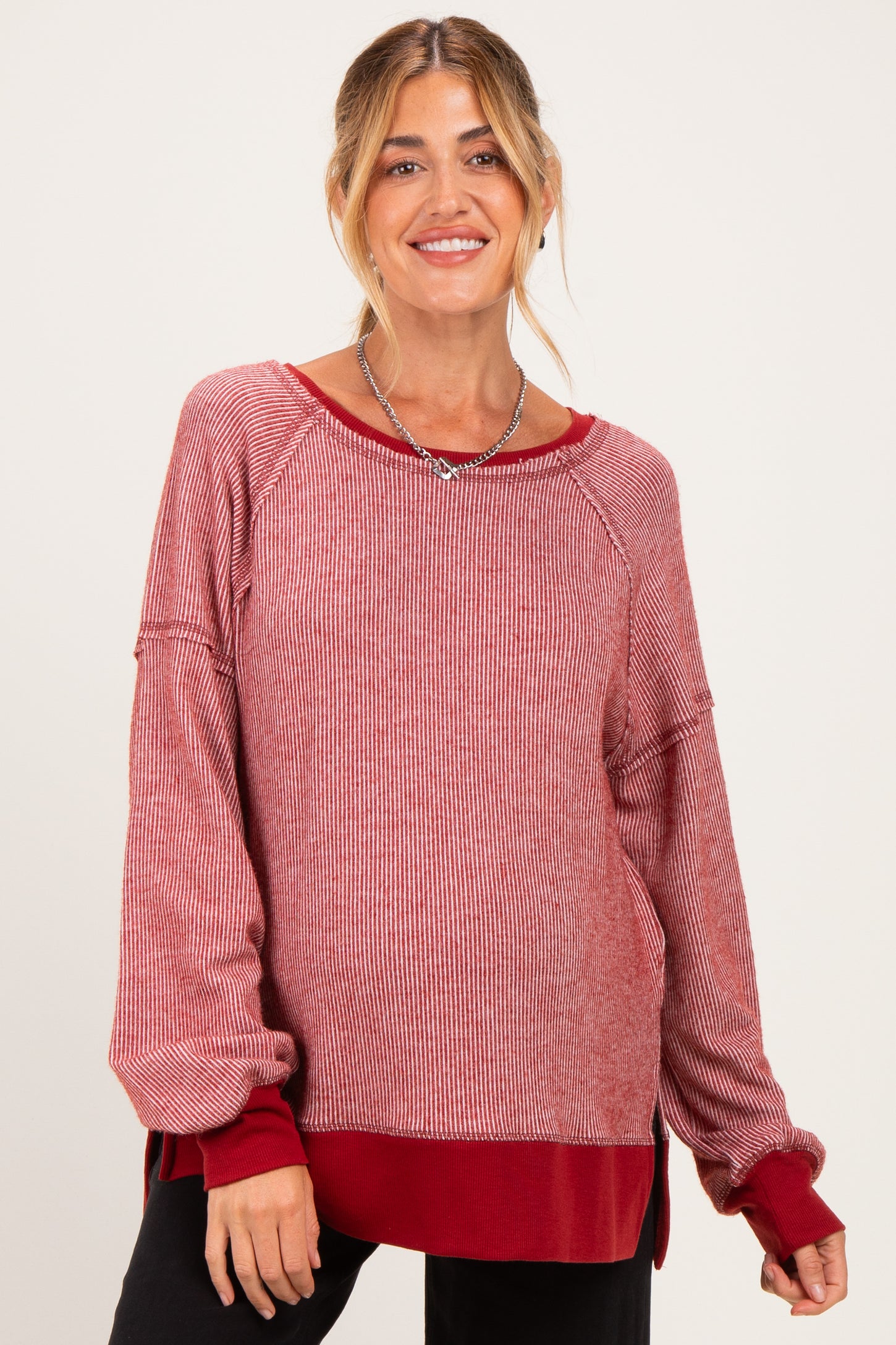 Burgundy Two Tone Oversized Thermal Knit Maternity Top
