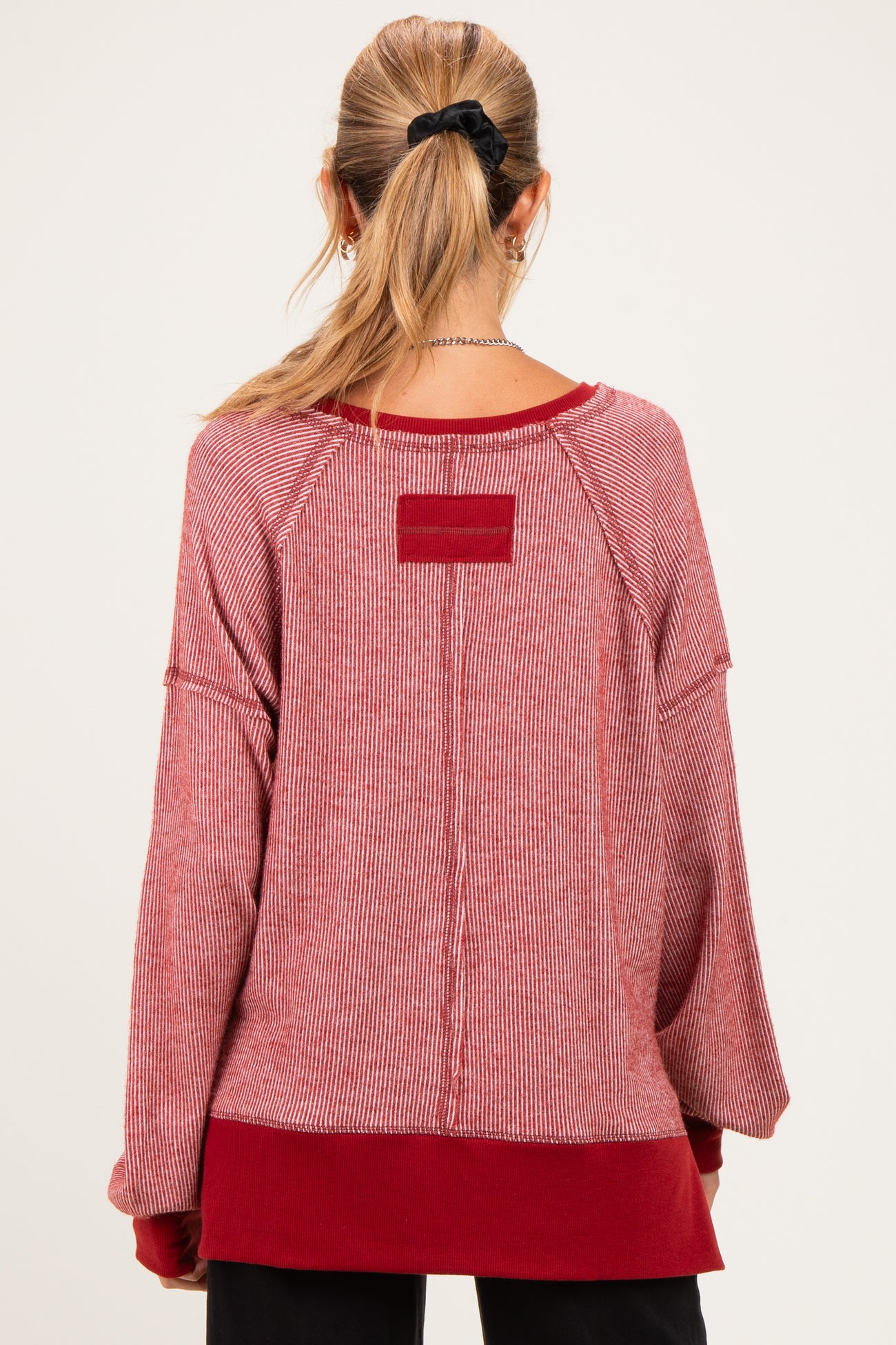 Burgundy Two Tone Oversized Thermal Knit Maternity Top