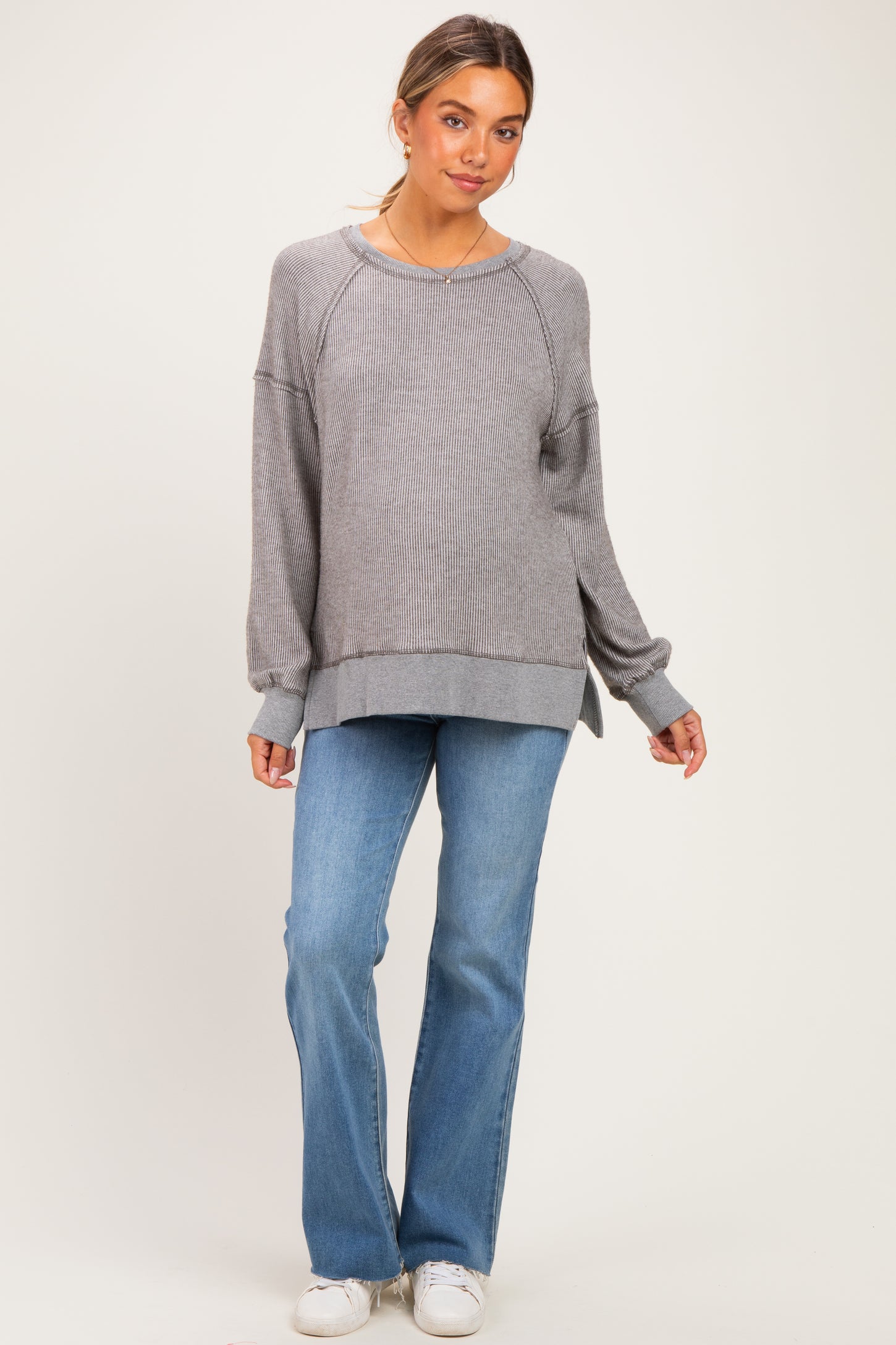 Grey Two Tone Oversized Thermal Knit Maternity Top