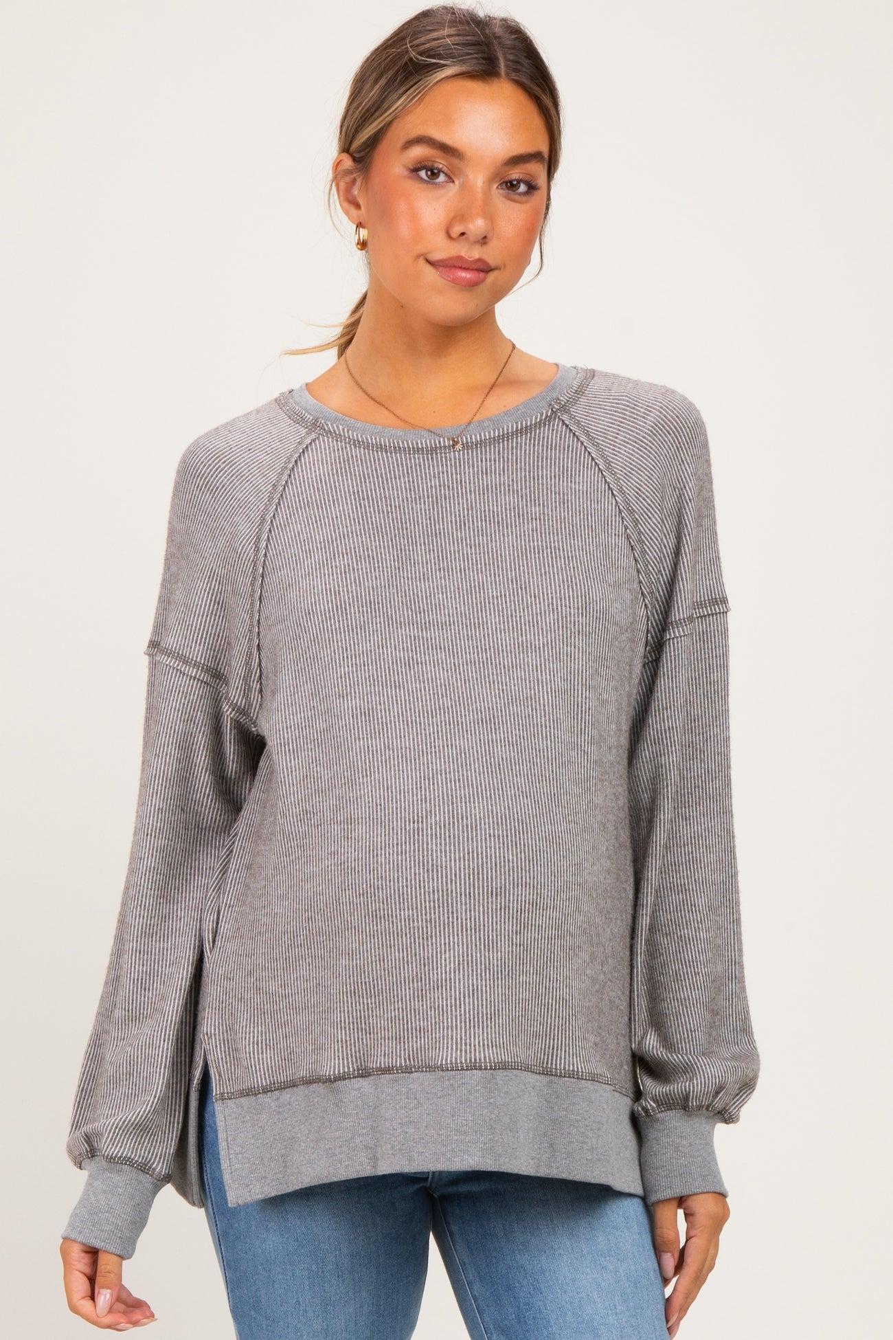 Grey Two Tone Oversized Thermal Knit Maternity Top