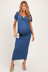 Blue Knit Twisted Bust Short Sleeve Maternity Midi Dress