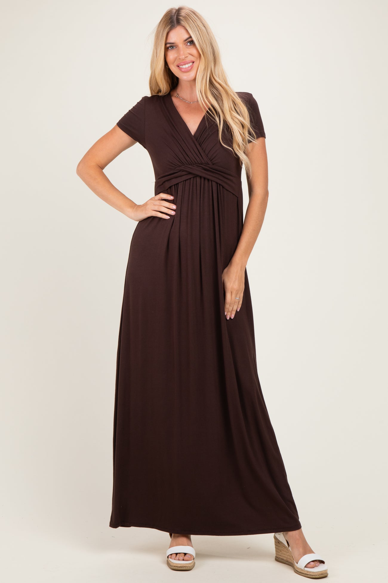 PinkBlush Brown Draped Maternity/Nursing Maxi Dress