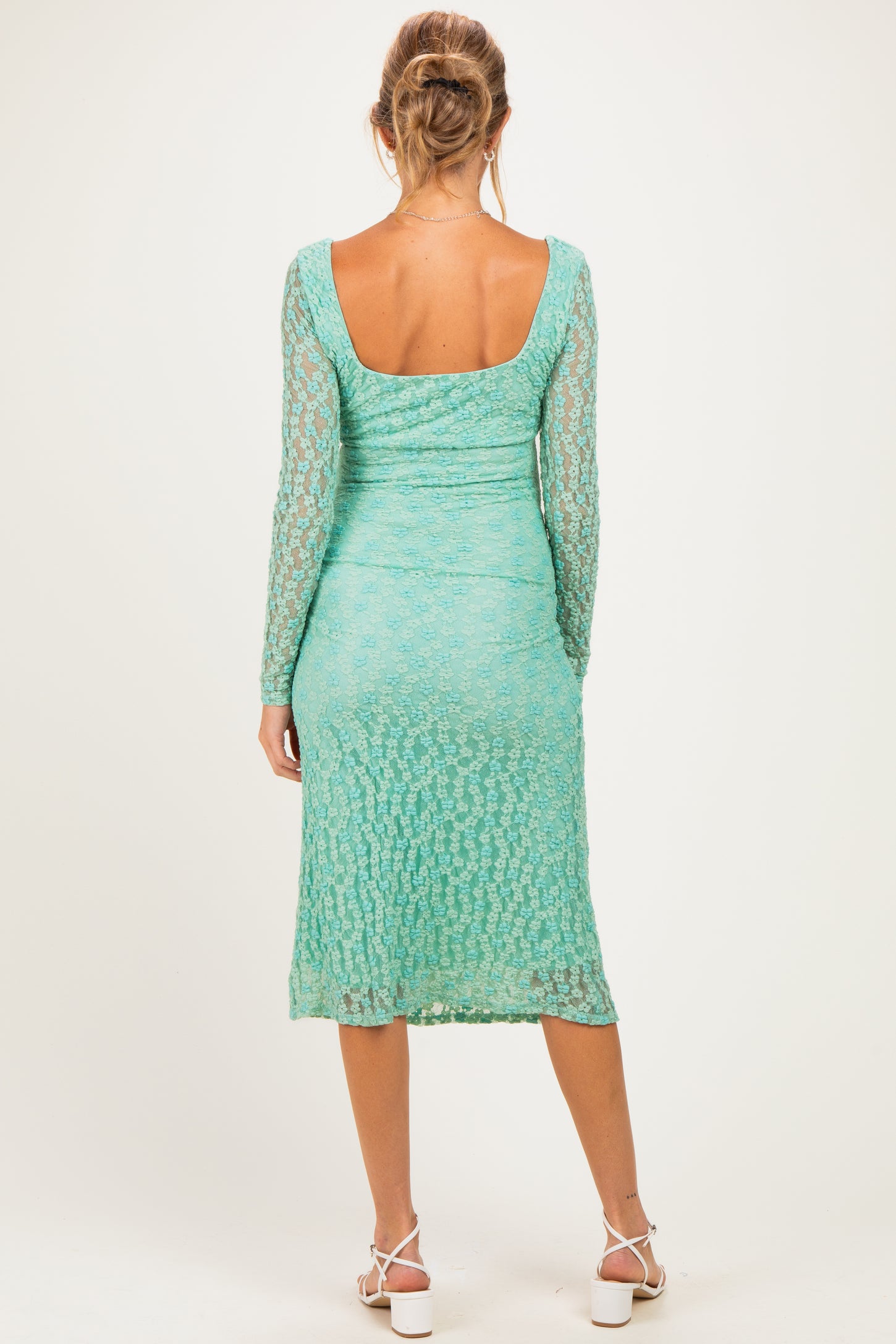 Green Floral Lace Long Sleeve Square Neck Maternity Midi Dress