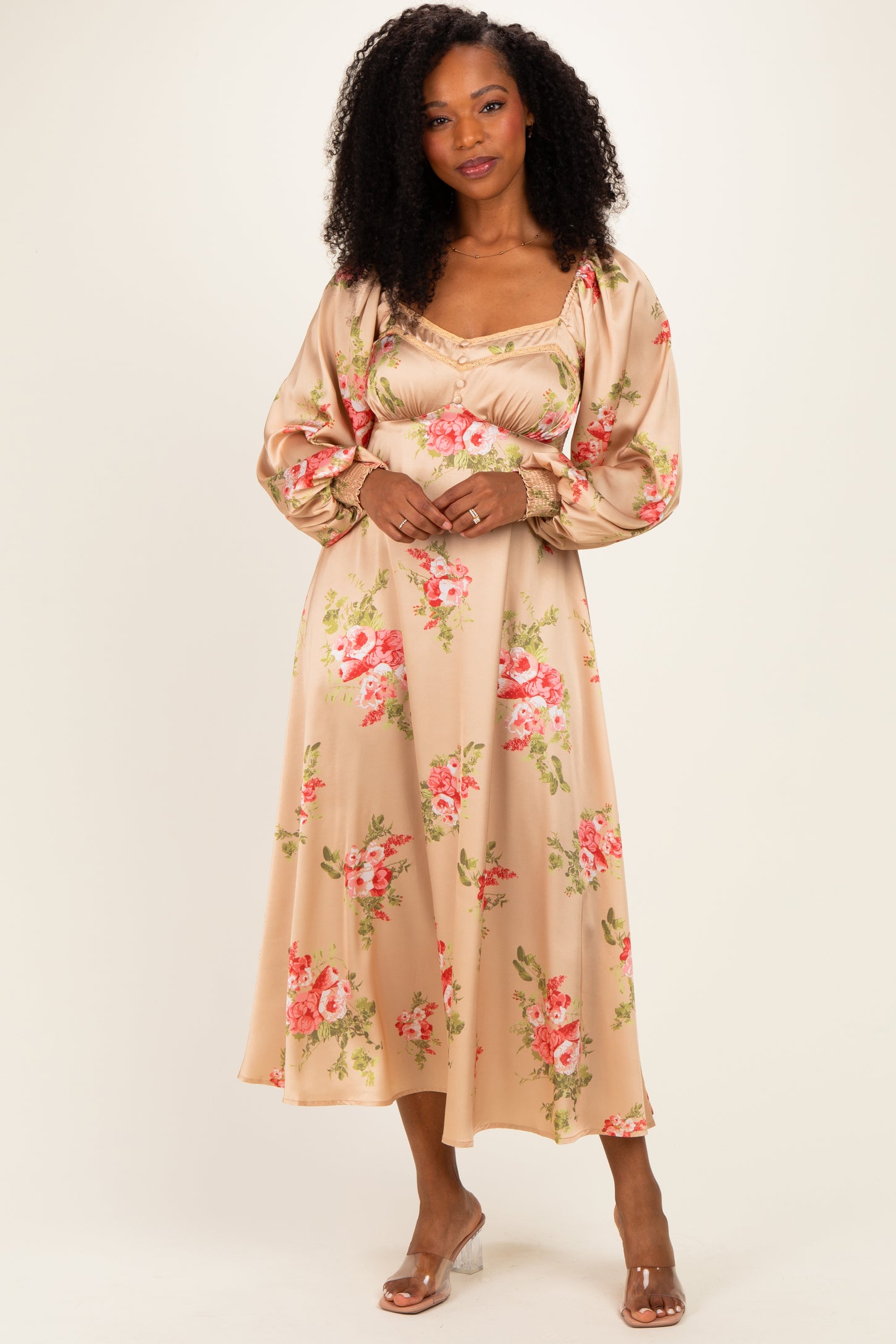 Champagne Floral Button Detail Maternity Midi Dress