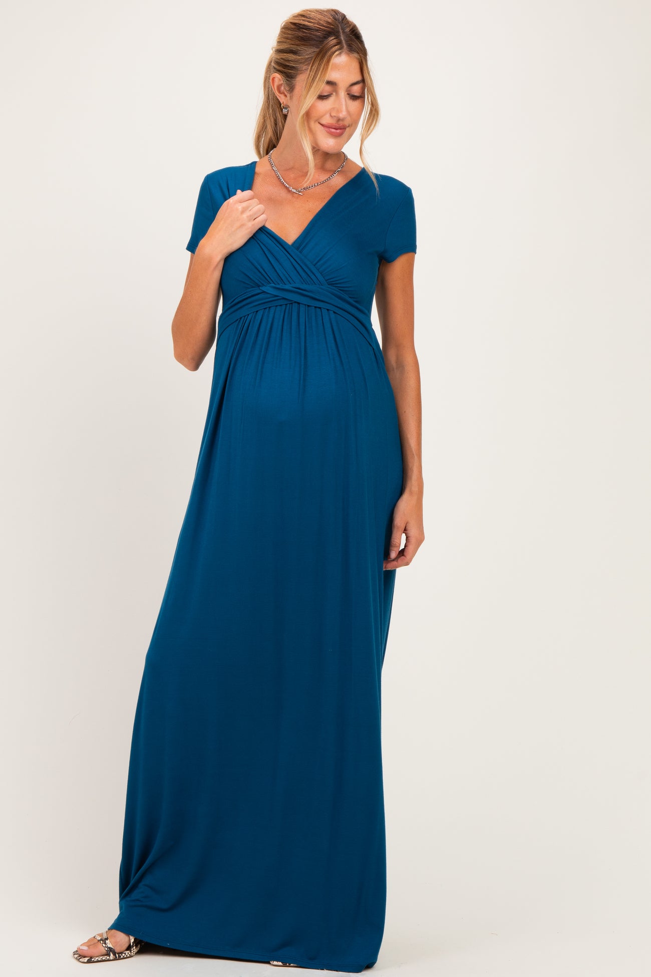PinkBlush Teal Draped Maternity/Nursing Maxi Dress