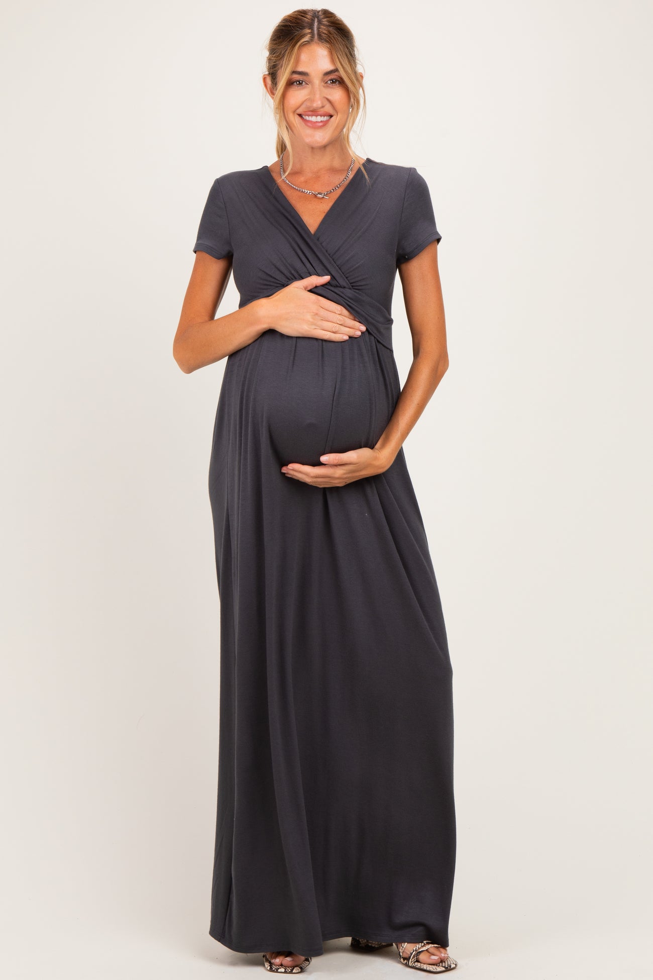 PinkBlush Charcoal Draped Maternity/Nursing Maxi Dress