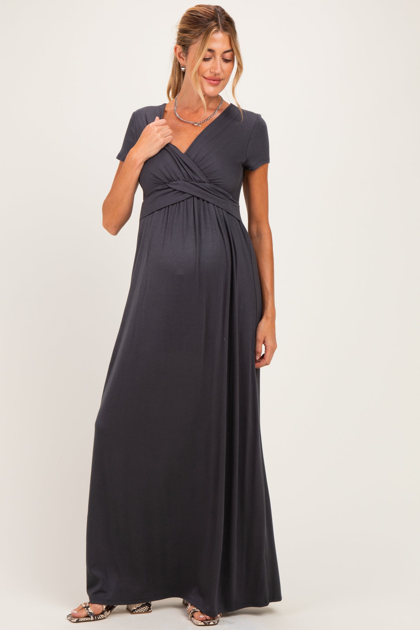 PinkBlush Charcoal Draped Maternity/Nursing Maxi Dress