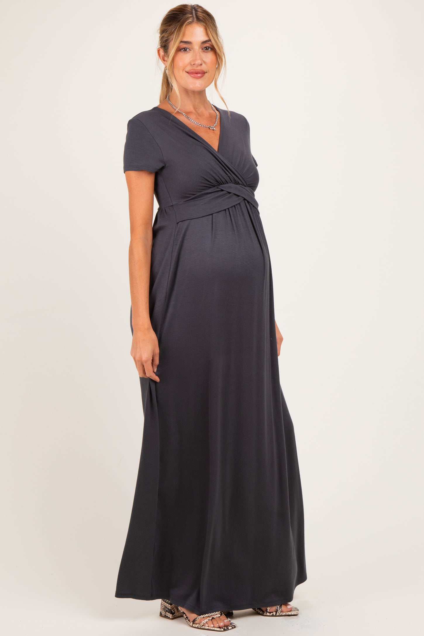 PinkBlush Charcoal Draped Maternity/Nursing Maxi Dress