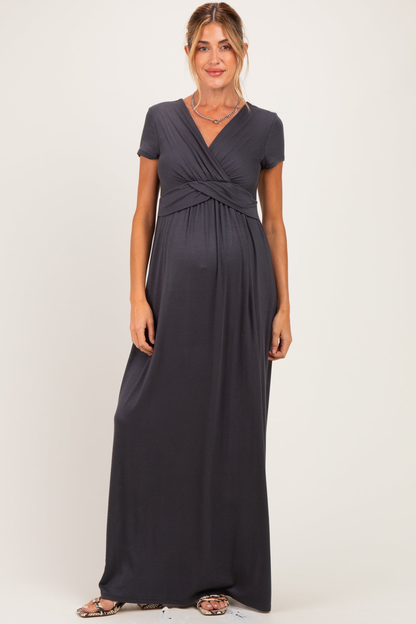 PinkBlush Charcoal Draped Maternity/Nursing Maxi Dress