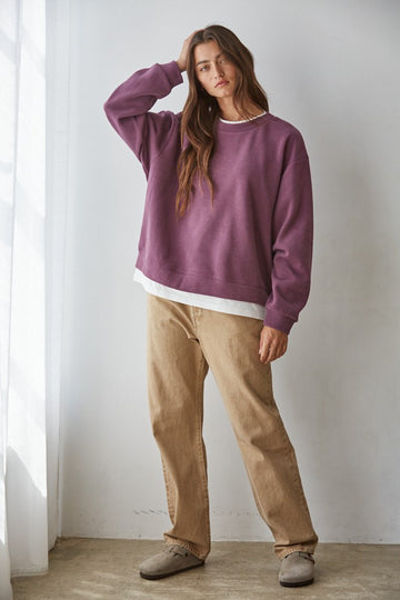 Plum Layered Contrast Crew Pullover