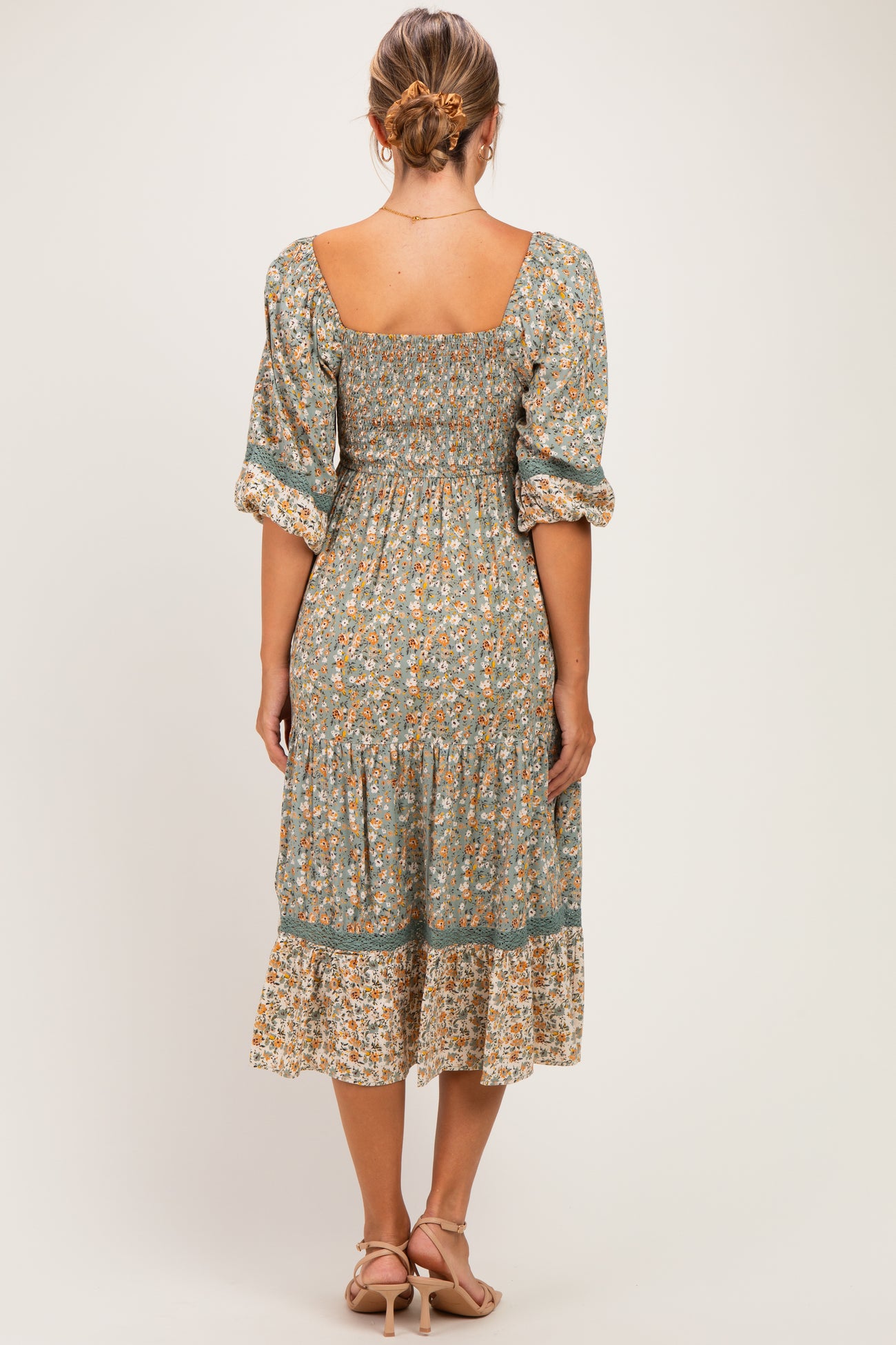 Sage Floral Lace Trim Smocked Maternity Midi Dress