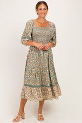 Sage Floral Lace Trim Smocked Maternity Midi Dress