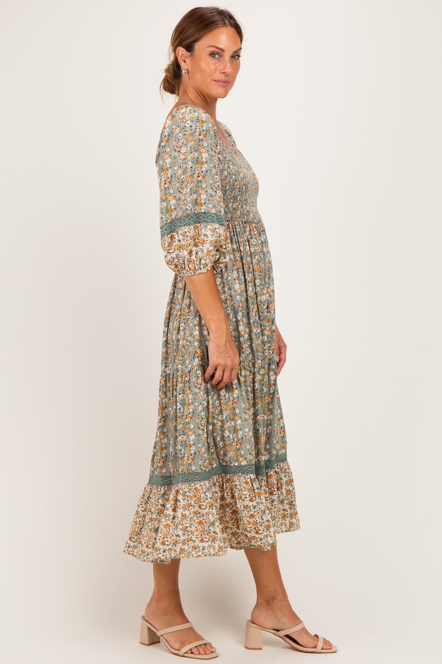 Sage Floral Lace Trim Smocked Midi Dress